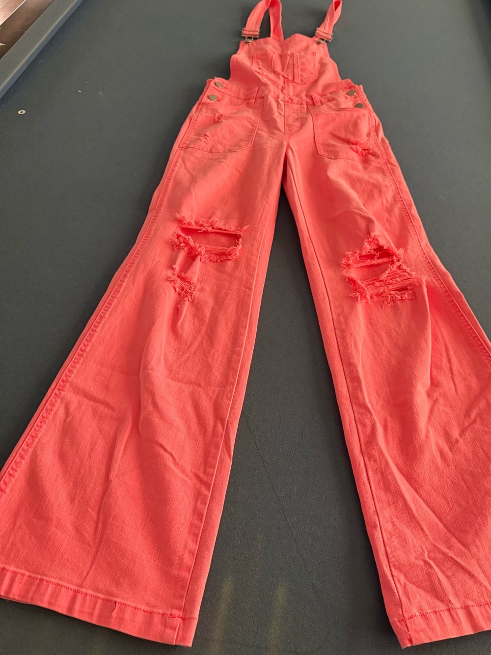 Women’s Risen Neon Coral Distressed Overalls